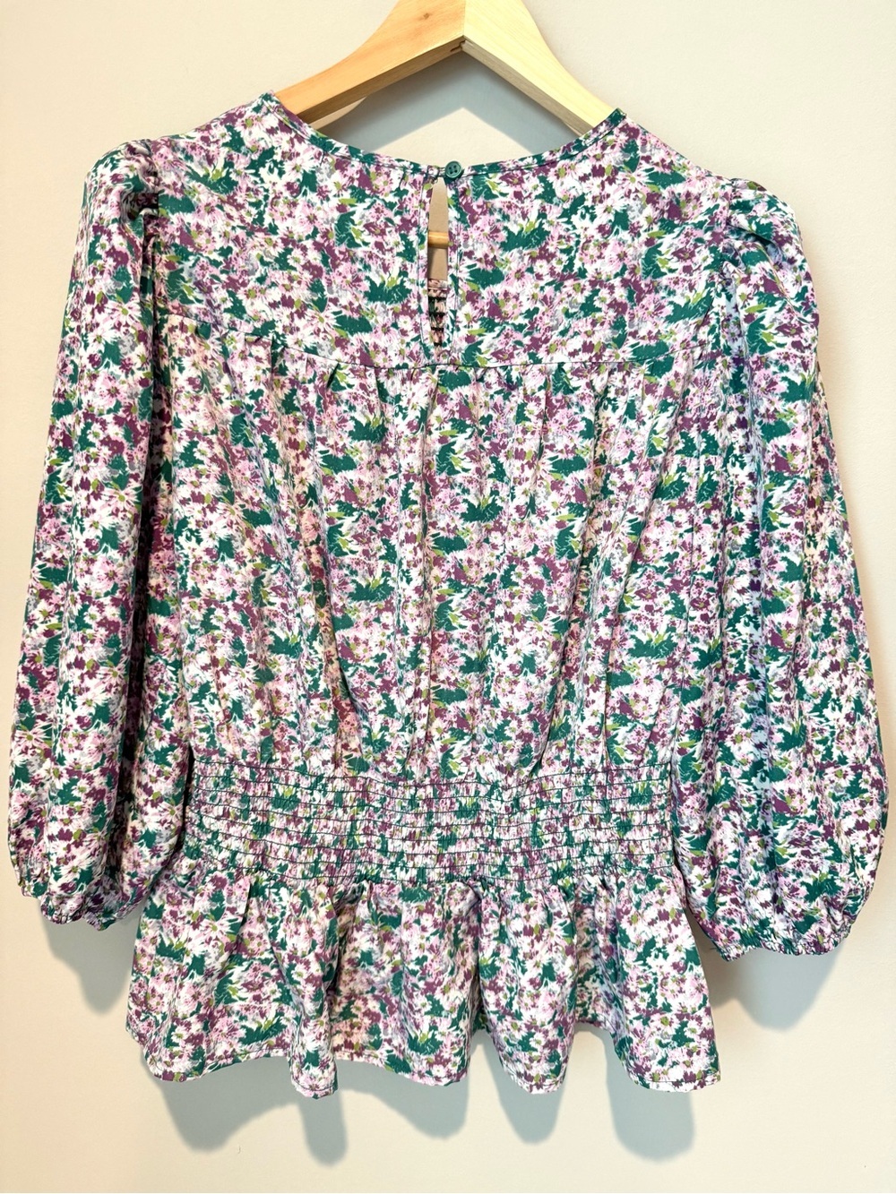 Women’s Smocked Floral Flowy Peplum Top in Purple Green White - Picture 4 of 4